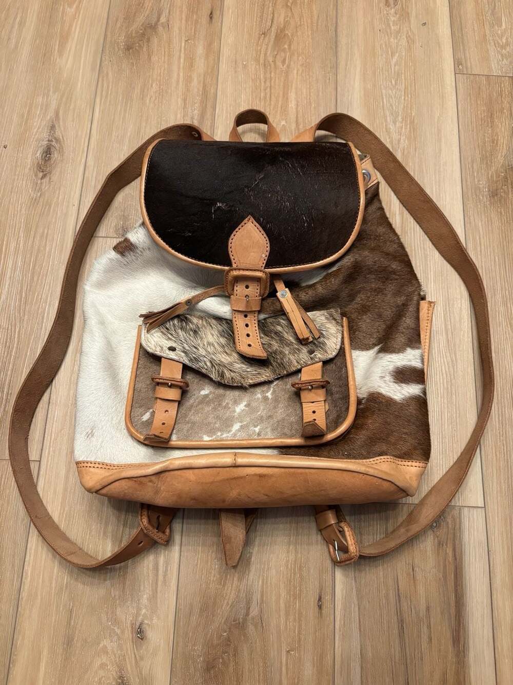 Handmade Western Brown and White Hair-On Cowhide Leather Backpack